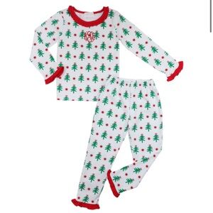 Cecil & Lou - Red And Green Knit Christmas Tree Ruffle Pajamas - “M” Monogram